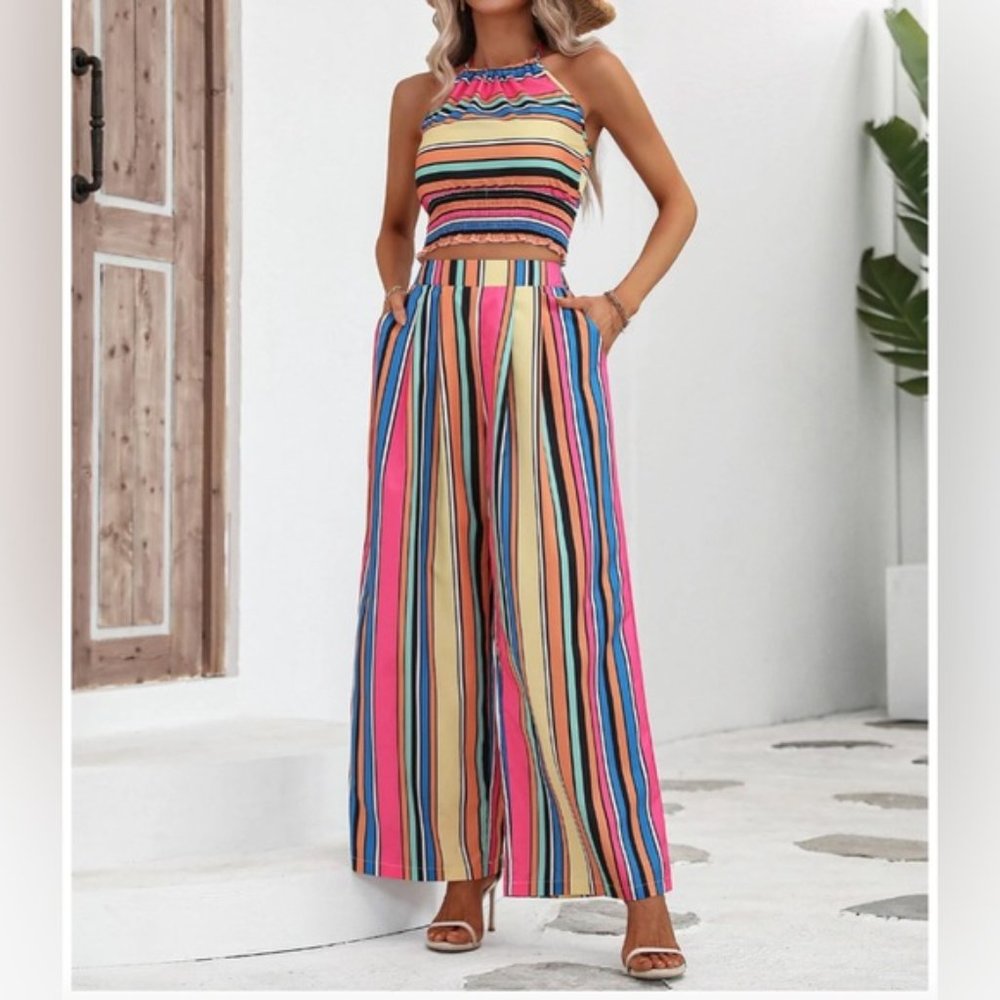 LAST ONE 🔥 Boho Striped Print Halter Top & Wide Leg Pants - Picture 2 of 7